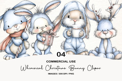 Whimsical Christmas Bunny Clipart PNG Bundle | Cute Watercolor Holiday Bunny Clipart | Festive Winter Rabbit PNG