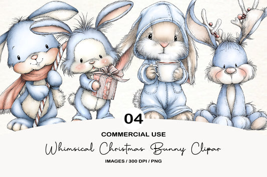Whimsical Christmas Bunny Clipart PNG Bundle | Cute Watercolor Holiday Bunny Clipart | Festive Winter Rabbit PNG