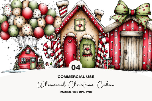 Whimsical Christmas Cabin Clipart PNG Bundle | Cozy Watercolor Winter Cabin Clipart | Festive Holiday Cottage PNG