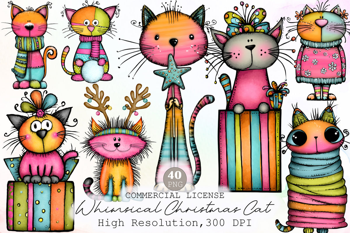 Whimsical Christmas Cat Clipart Bundle Colorful Holiday PNG