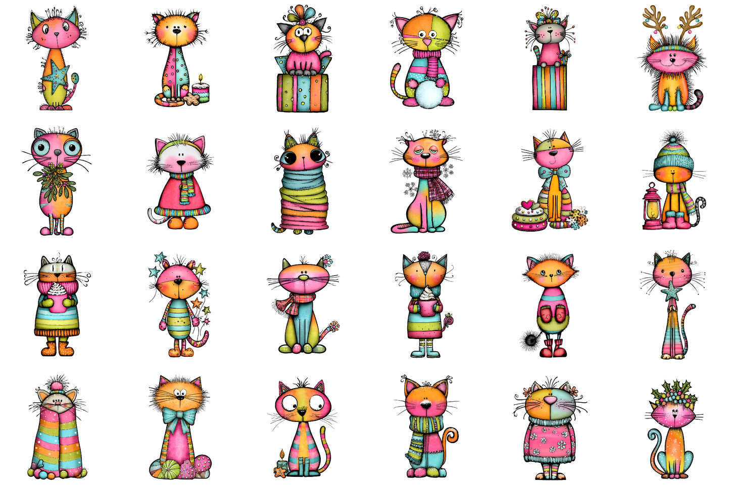 Whimsical Christmas Cat Clipart Bundle Colorful Holiday PNG