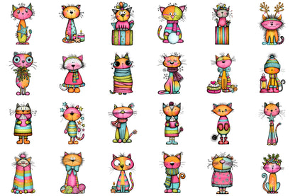 Whimsical Christmas Cat Clipart Bundle Colorful Holiday PNG