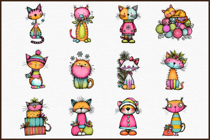 Whimsical Christmas Cat Clipart Bundle Colorful Holiday PNG