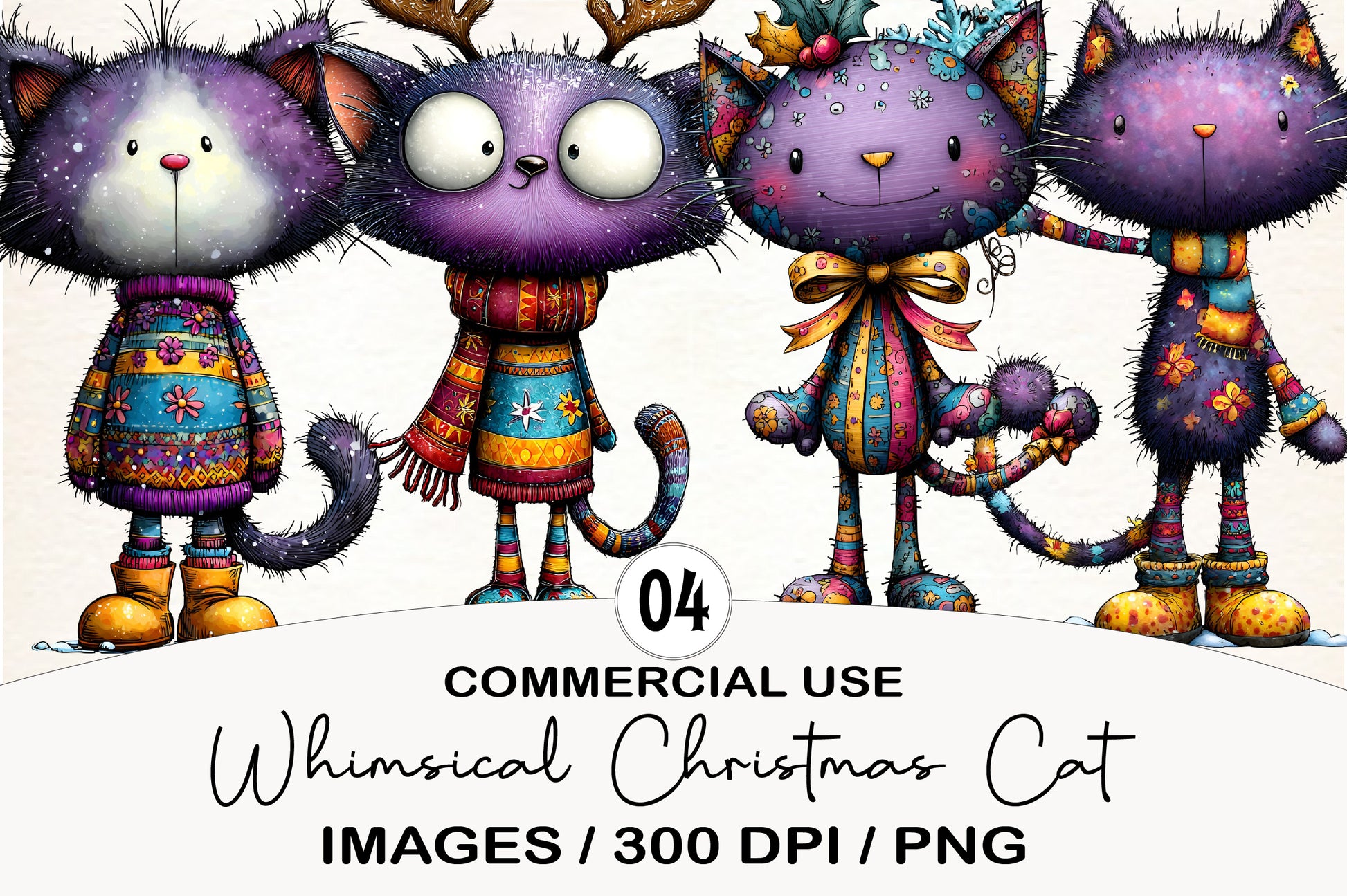 Whimsical Christmas Cat Clipart Bundle PNG