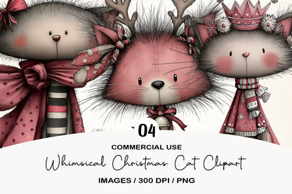 Whimsical Christmas Cat Clipart PNG Bundle | Cute Watercolor Holiday Cat Clipart