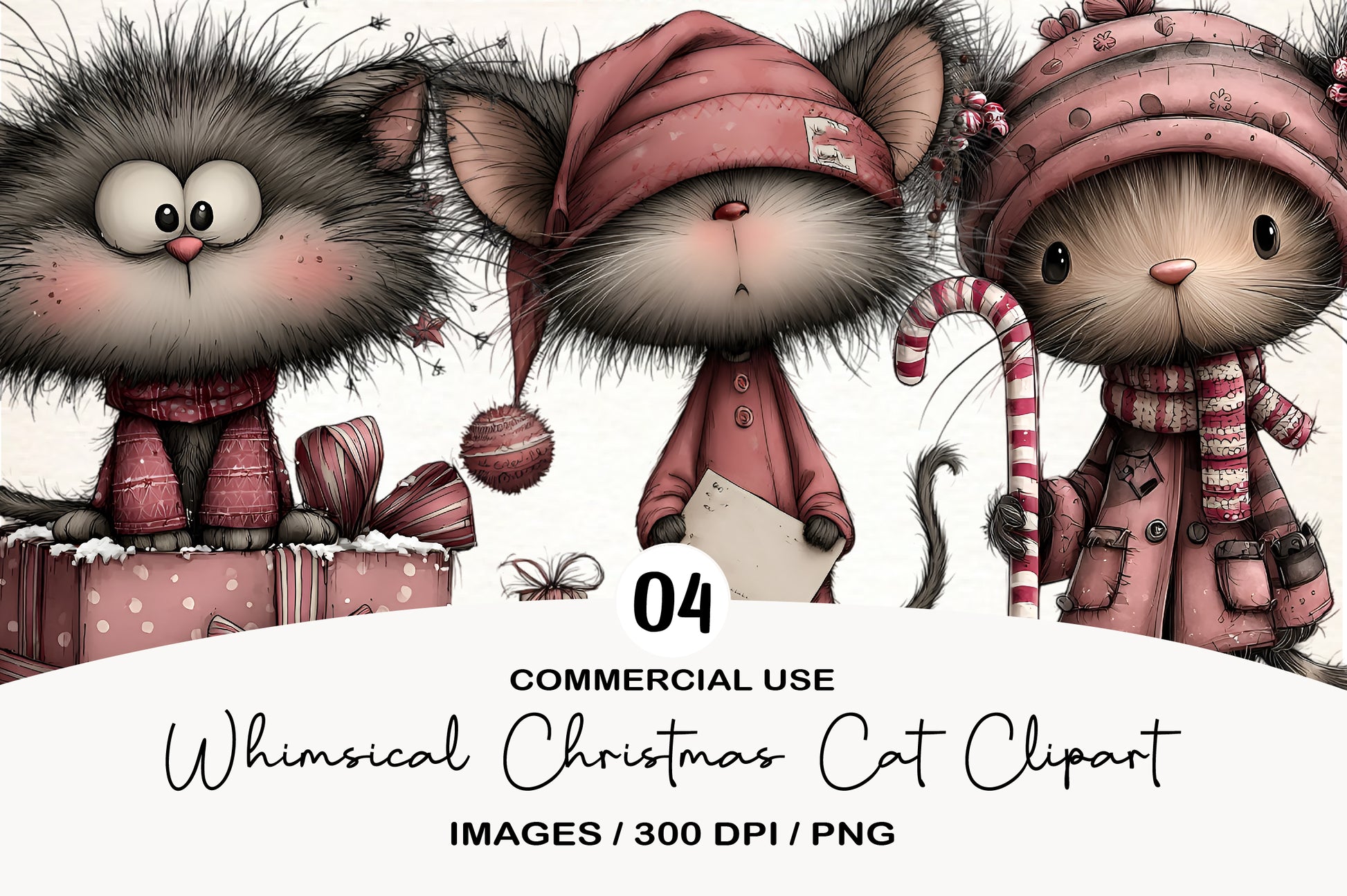 Whimsical Christmas Cat Clipart PNG | Cute Holiday Cat