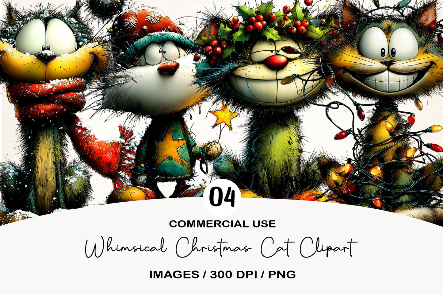 Whimsical Christmas Cat Clipart PNG Bundle | Cute Watercolor Holiday Kitty Clipart | Festive Winter Cat PNG
