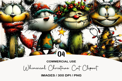 Whimsical Christmas Cat Clipart PNG Bundle | Cute Watercolor Holiday Kitty Clipart | Festive Winter Cat PNG