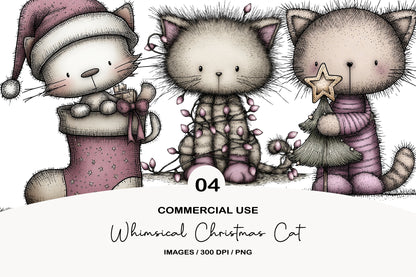 Whimsical Christmas Cat Clipart PNG Bundle | Cute Watercolor Holiday Kitty Clipart | Festive Christmas Cat PNG