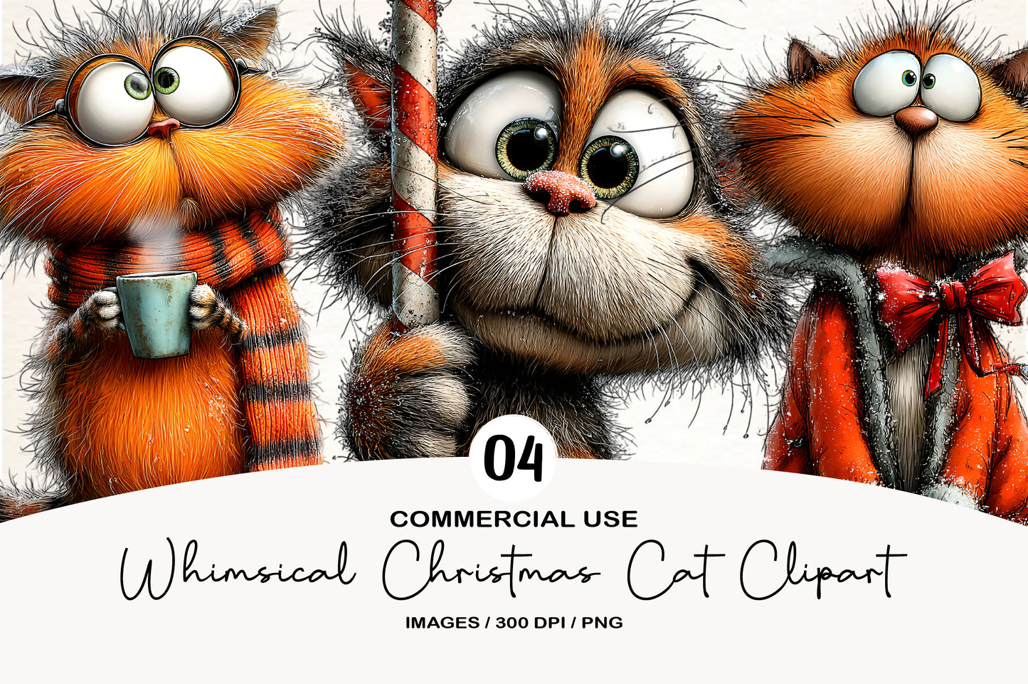 Whimsical Christmas Cat Clipart PNG Sublimation