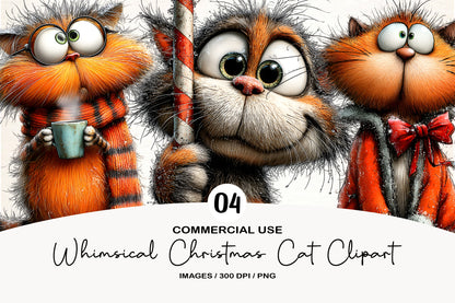 Whimsical Christmas Cat Clipart PNG Sublimation