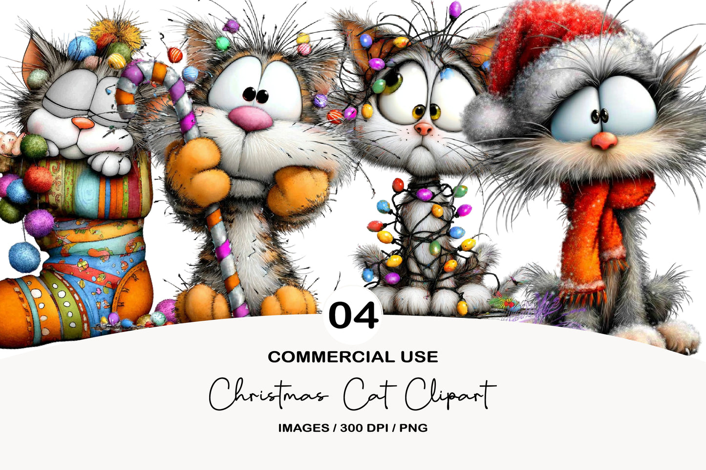 Whimsical Christmas Cat Clipart PNG Bundle | Cute Watercolor Holiday Cat Clipart | Festive Christmas Kitty PNG