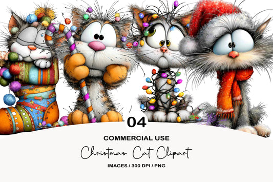 Whimsical Christmas Cat Clipart PNG Bundle | Cute Watercolor Holiday Cat Clipart | Festive Christmas Kitty PNG