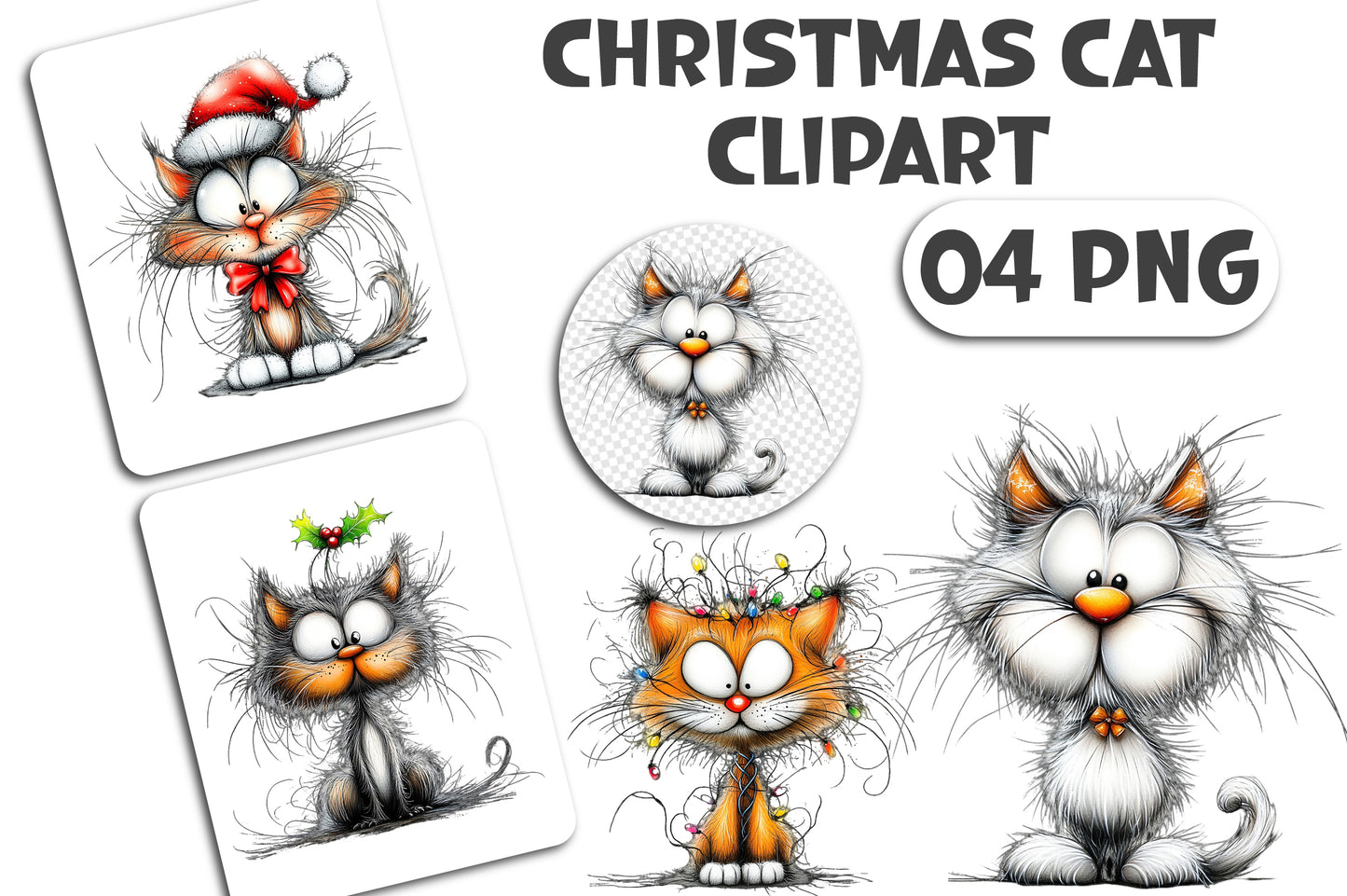 Christmas Cat Clipart PNG Bundle Cute Whimsical Cats