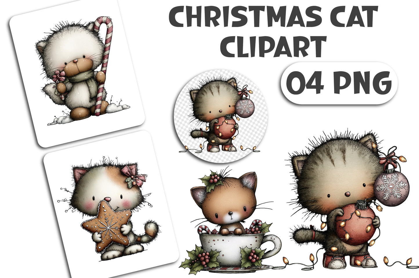 Christmas Cat Clipart PNG Bundle Cute Holiday Cats