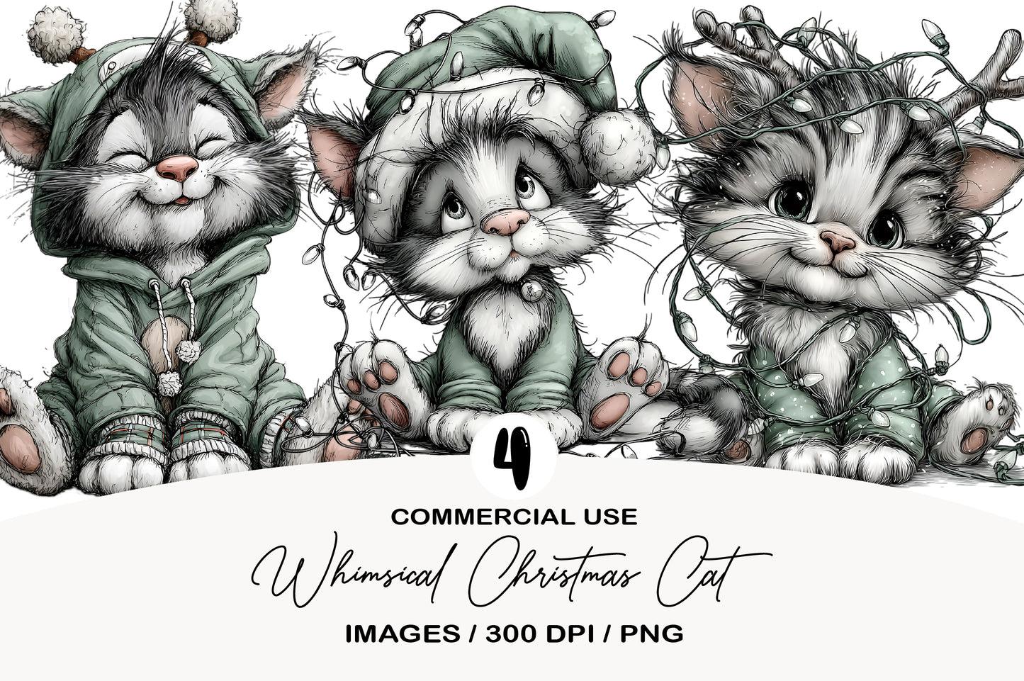 Whimsical Christmas Cat Clipart PNG Bundle | Cute Watercolor Holiday Kitty Clipart | Festive Winter Cat PNG