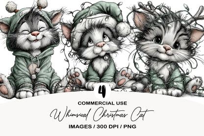 Whimsical Christmas Cat Clipart PNG Bundle | Cute Watercolor Holiday Kitty Clipart | Festive Winter Cat PNG