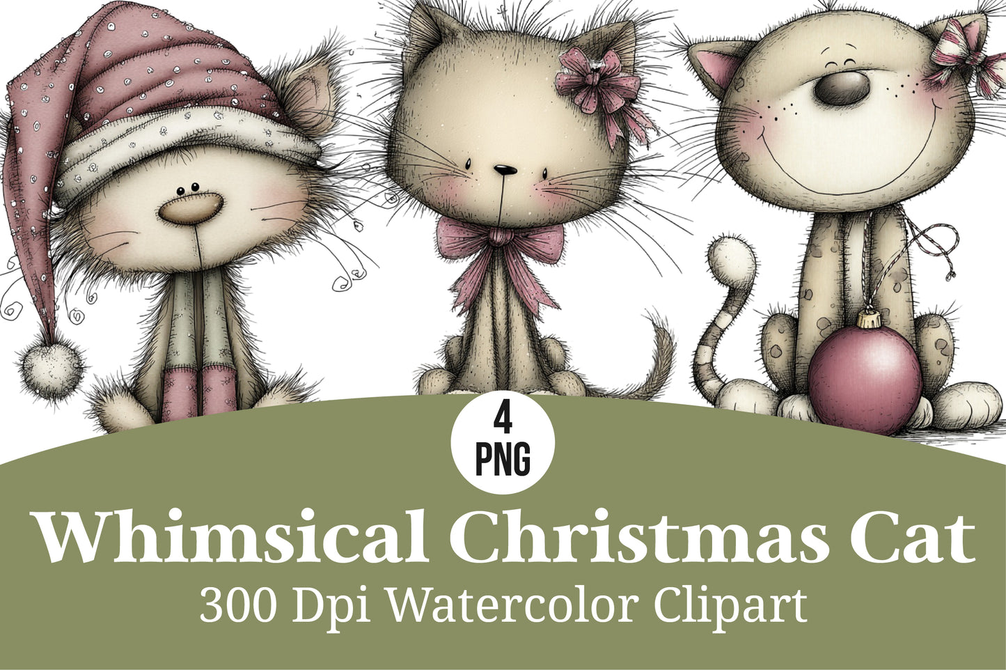 Whimsical Christmas Cat Watercolor Clipart PNG Bundle