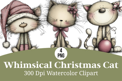 Whimsical Christmas Cat Watercolor Clipart PNG Bundle