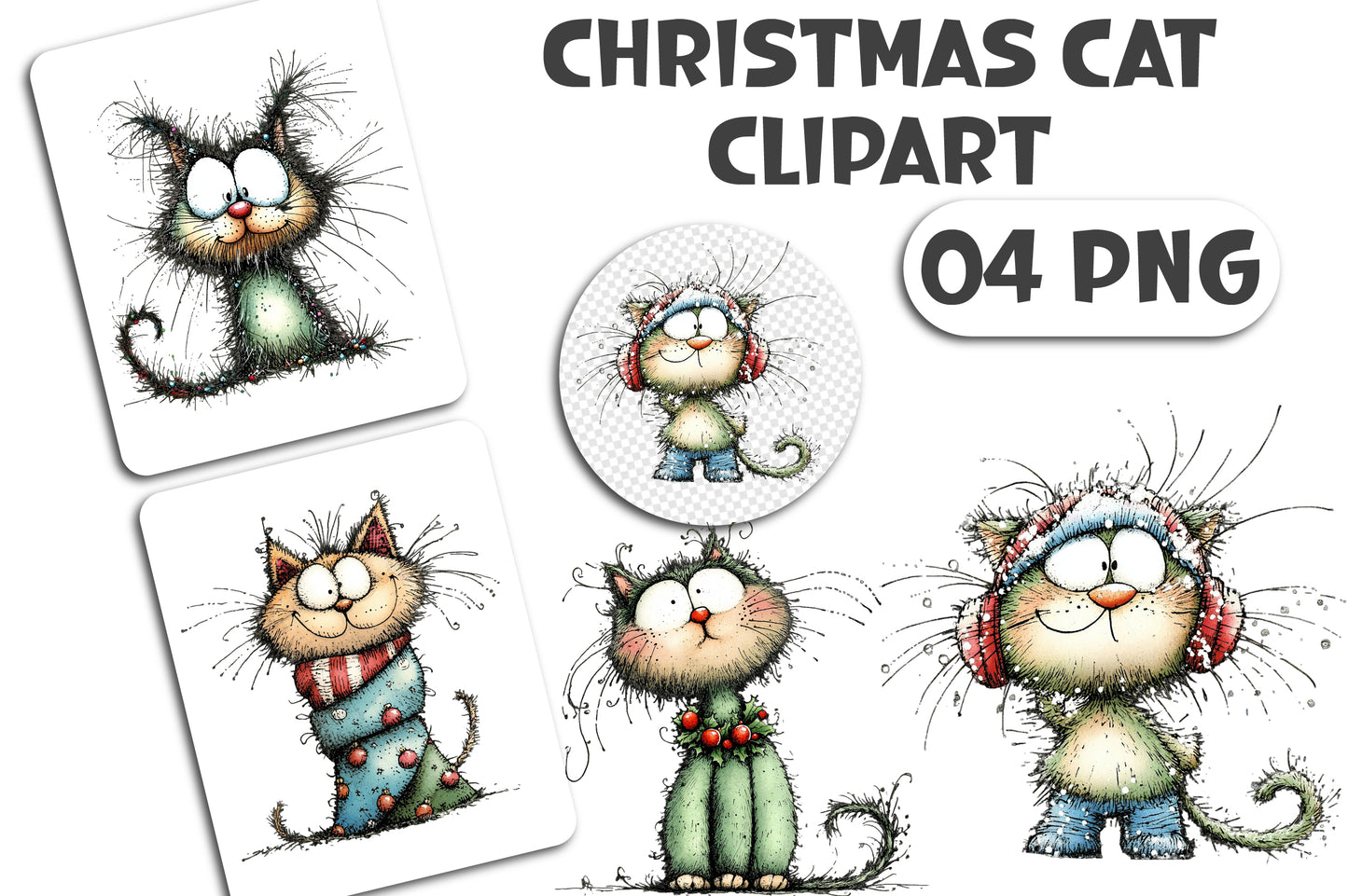 Whimsical Christmas Cat Clipart PNG Bundle