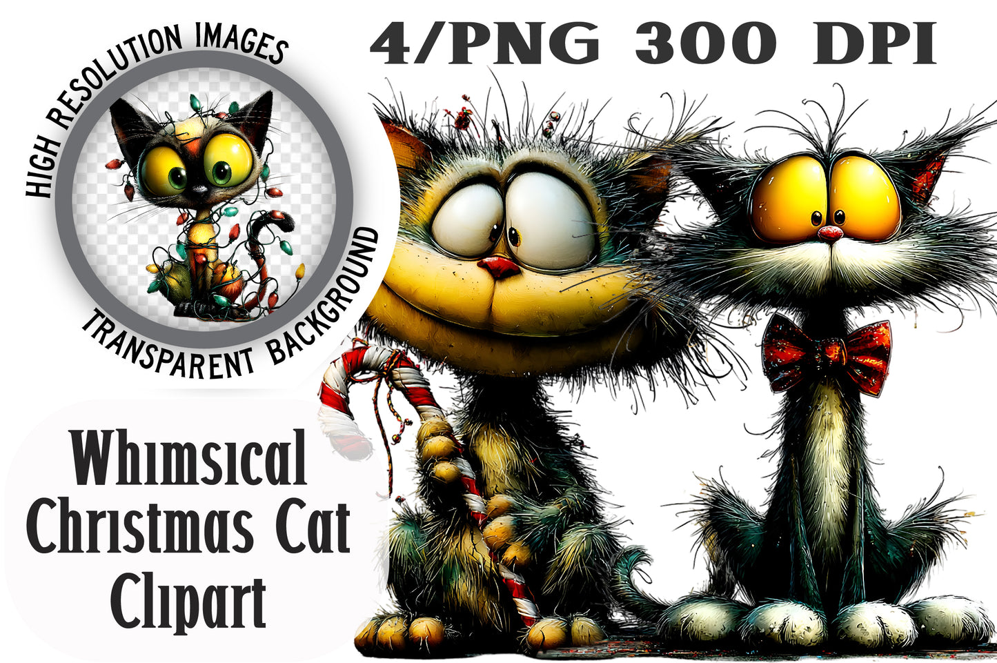 Whimsical Christmas Cat Clipart PNG Bundle | Cute Watercolor Holiday Cat Clipart