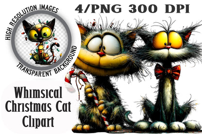 Whimsical Christmas Cat Clipart PNG Bundle | Cute Watercolor Holiday Cat Clipart