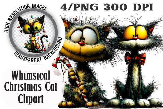 Whimsical Christmas Cat Clipart PNG Bundle | Cute Watercolor Holiday Cat Clipart