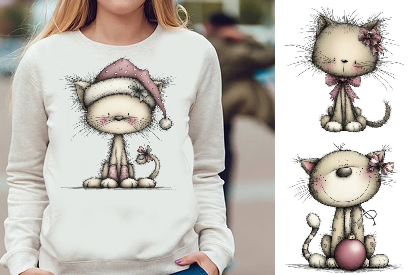 Whimsical Christmas Cat Watercolor Clipart PNG Bundle
