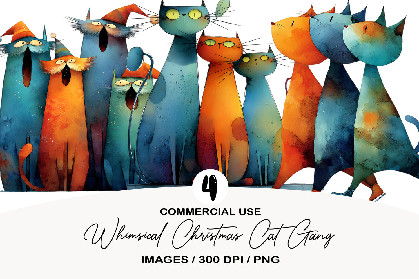 Whimsical Christmas Cat Gang Clipart PNG Bundle | Cute Watercolor Holiday Kitty Gang Clipart | Festive Christmas Cats PNG