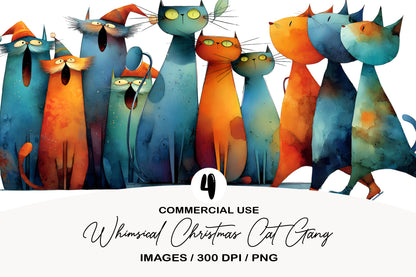Whimsical Christmas Cat Gang Clipart PNG Bundle | Cute Watercolor Holiday Kitty Gang Clipart | Festive Christmas Cats PNG