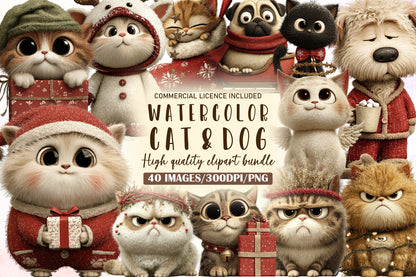 Whimsical Christmas Cat and Dog Watercolor Clipart PNG Bundle