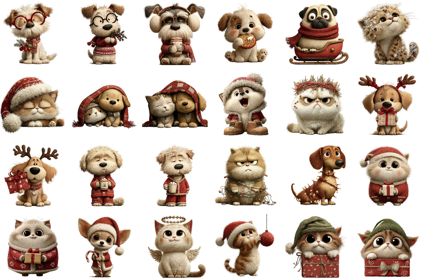Whimsical Christmas Cat and Dog Watercolor Clipart PNG Bundle