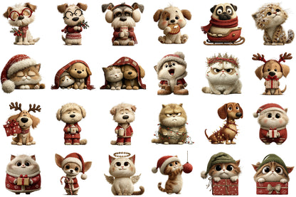 Whimsical Christmas Cat and Dog Watercolor Clipart PNG Bundle