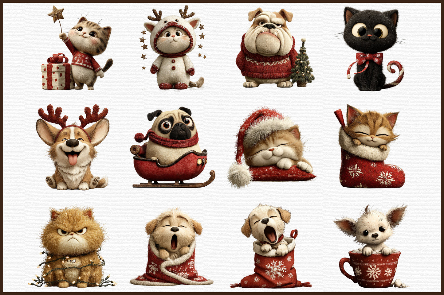Whimsical Christmas Cat and Dog Watercolor Clipart PNG Bundle
