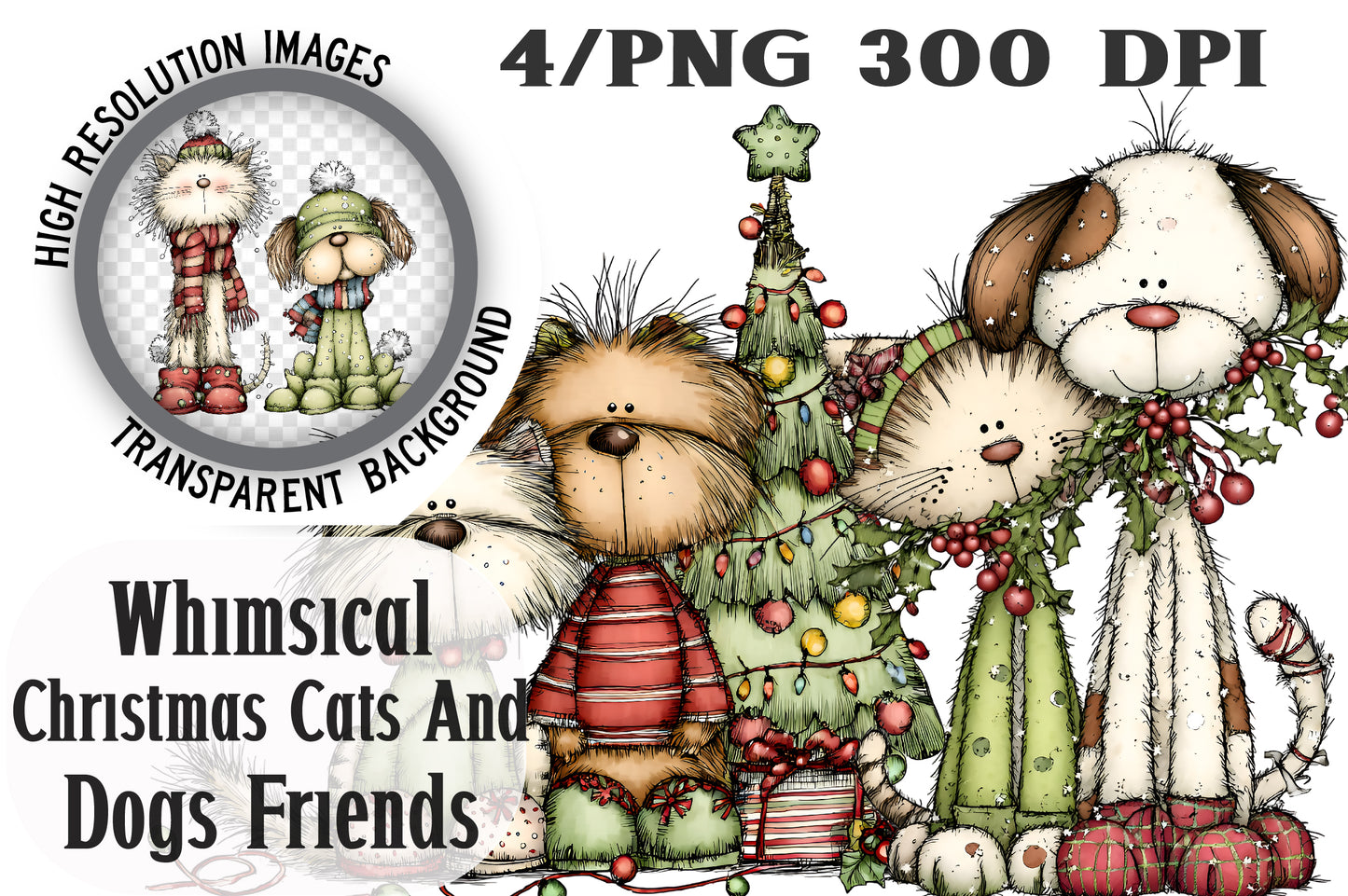 Whimsical Christmas Cats and Dogs Friends Clipart PNG Bundle | Cute Watercolor Holiday Pet Friends