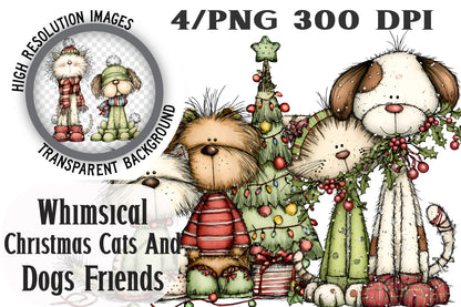 Whimsical Christmas Cats and Dogs Friends Clipart PNG Bundle | Cute Watercolor Holiday Pet Friends