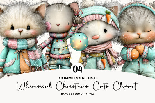 Whimsical Christmas Cats Clipart PNG Sublimation