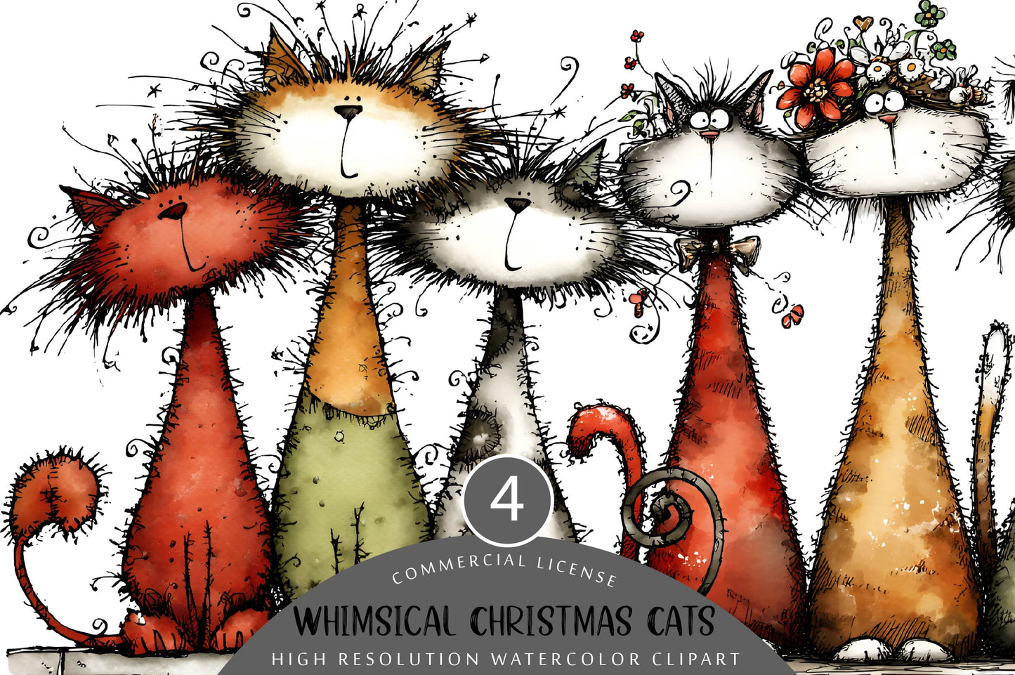 Whimsical Christmas Cats Clipart PNG
