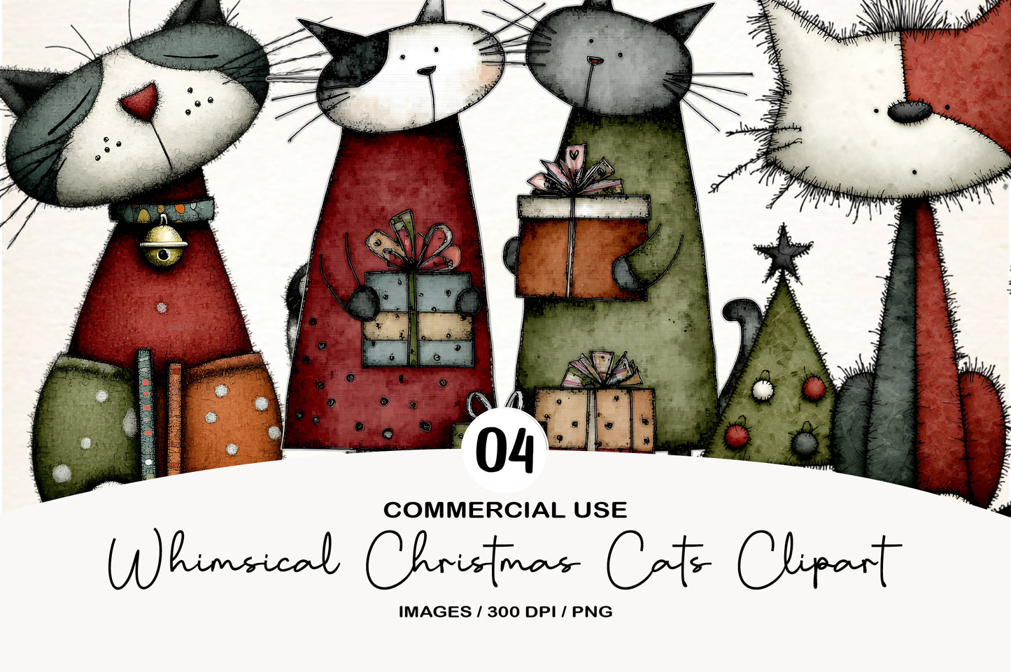 Whimsical Christmas Cats Clipart PNG Sublimation