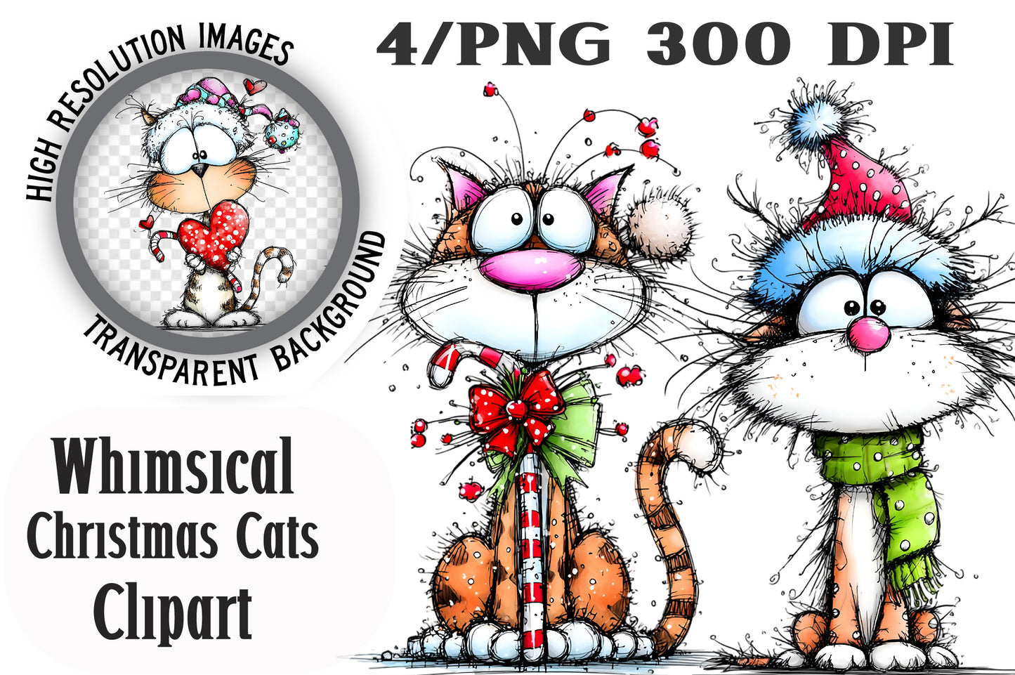 Whimsical Christmas Cats Clipart PNG Bundle | Cute Watercolor Holiday Cats Clipart