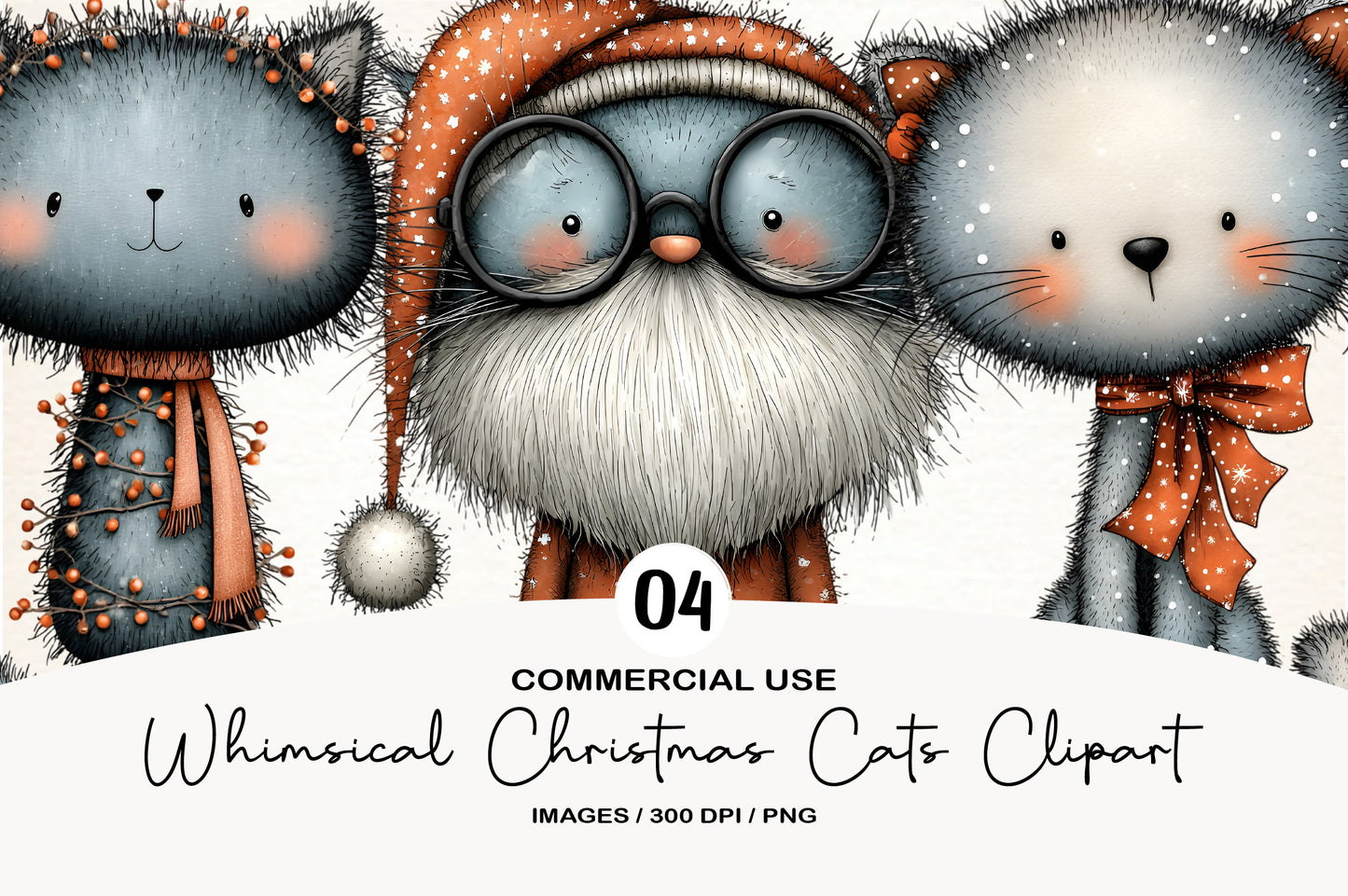 Whimsical Christmas Cats Clipart PNG Sublimation