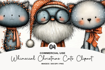 Whimsical Christmas Cats Clipart PNG Sublimation