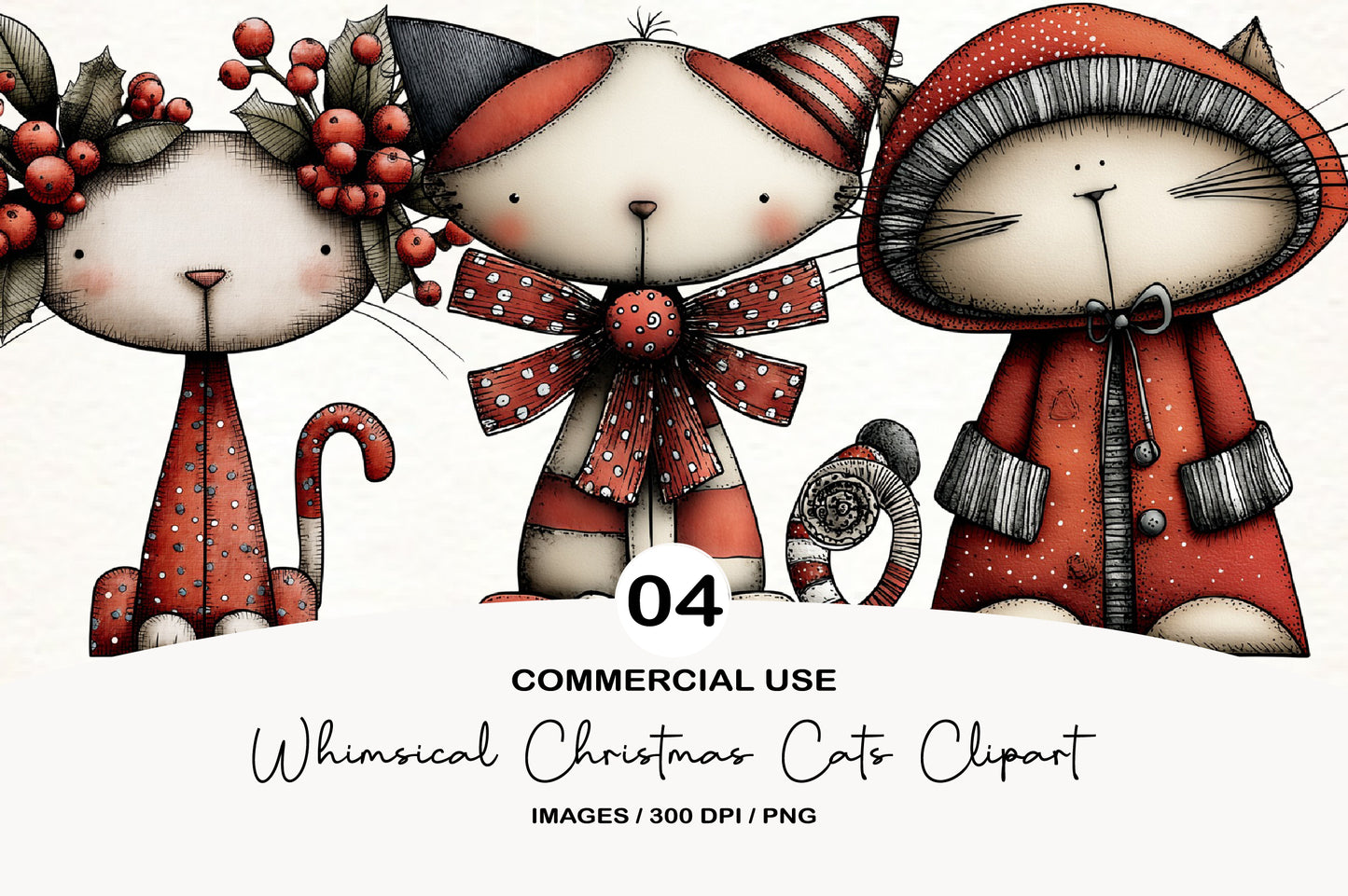 Whimsical Christmas Cats Clipart PNG Bundle | Cute Watercolor Holiday Cats | Festive Christmas Cat Clipart
