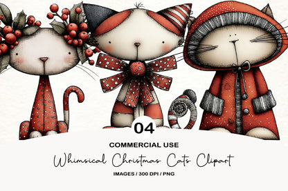 Whimsical Christmas Cats Clipart PNG Bundle | Cute Watercolor Holiday Cats | Festive Christmas Cat Clipart