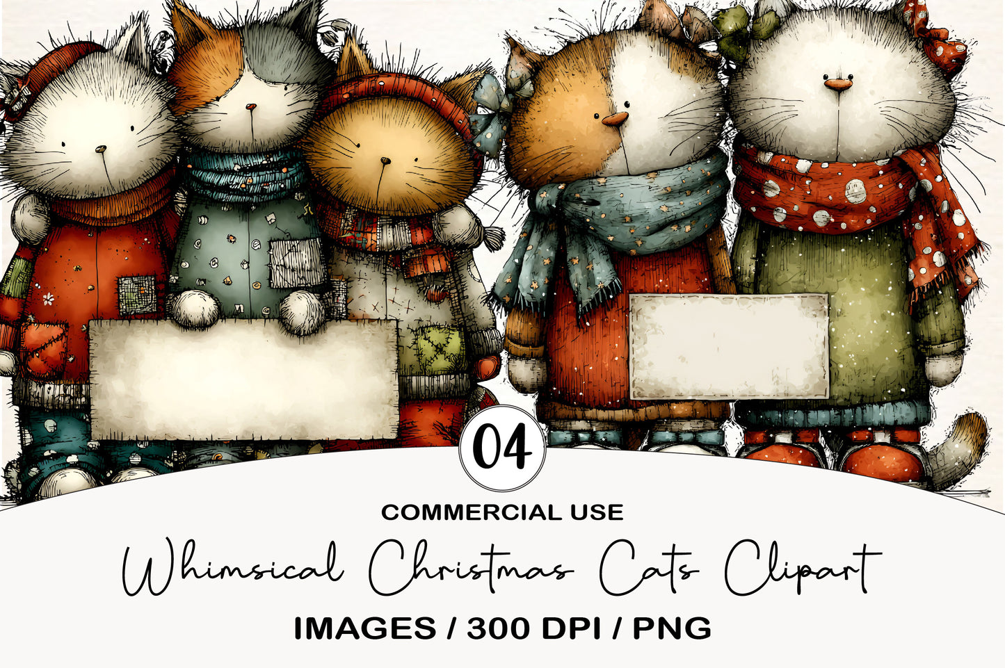 Whimsical Christmas Cats Clipart Bundle PNG