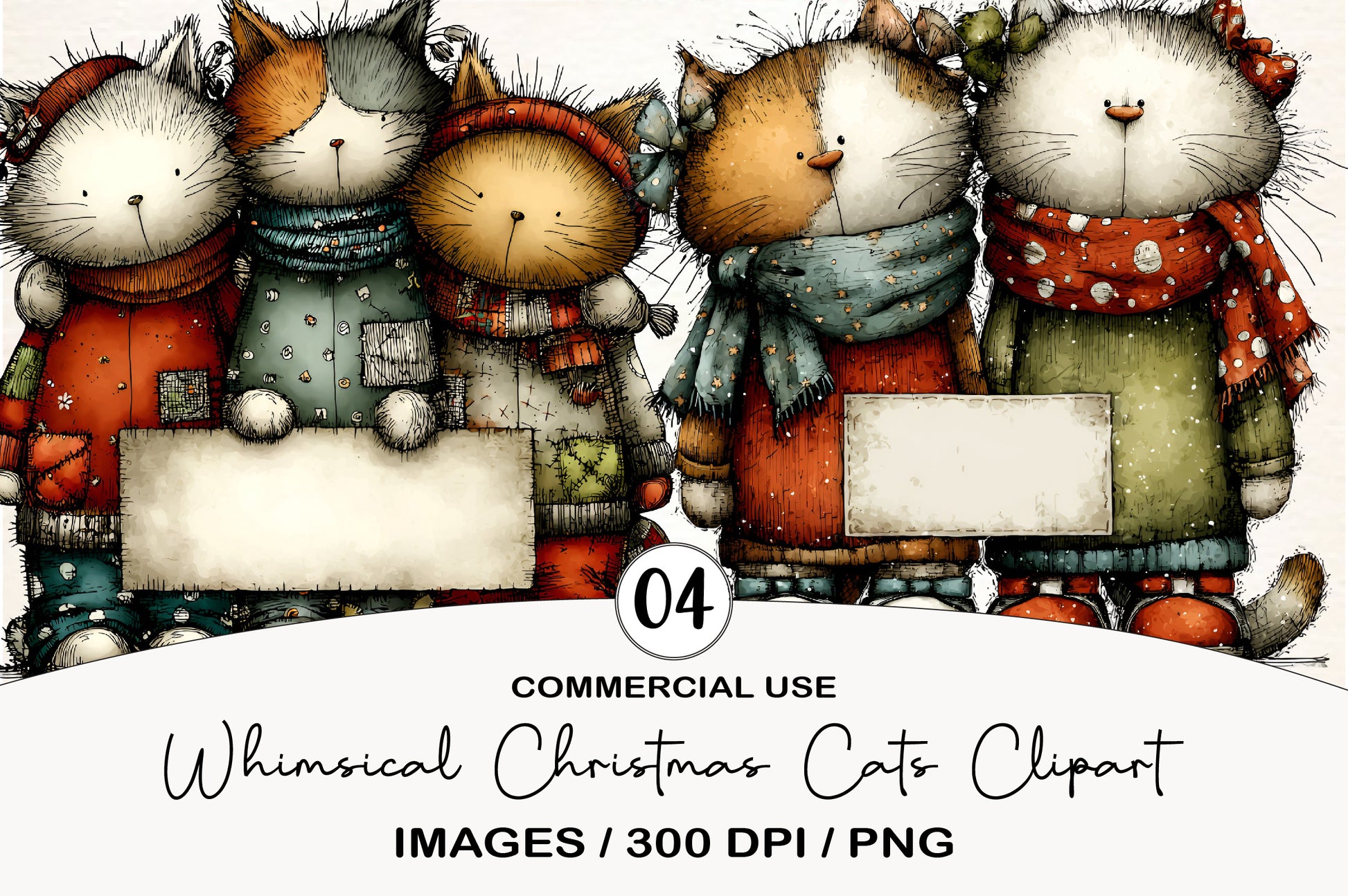 Whimsical Christmas Cats Clipart Bundle PNG