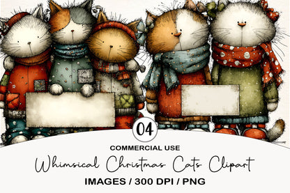 Whimsical Christmas Cats Clipart Bundle PNG