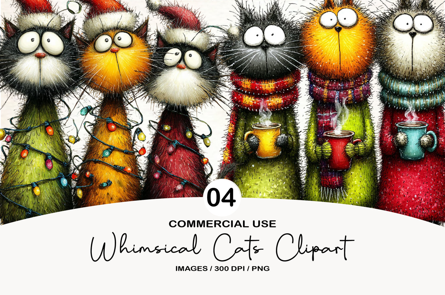 Whimsical Christmas Cats Clipart PNG Bundle | Cute Watercolor Holiday Cats Clipart | Festive Winter Cats PNG