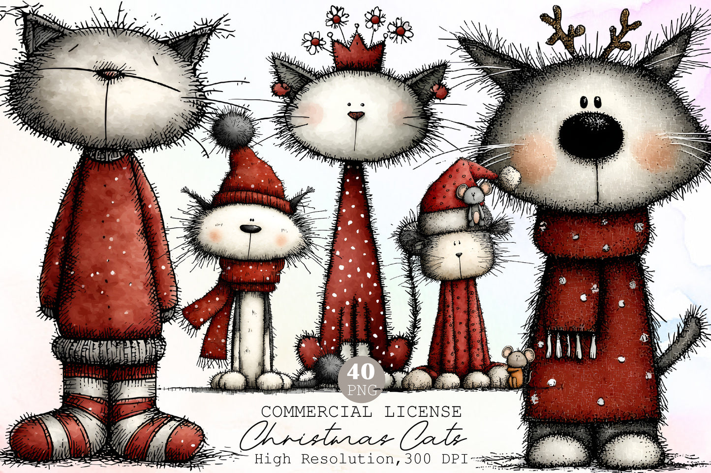 Whimsical Christmas Cats Clipart Bundle Cute Winter Cat PNG