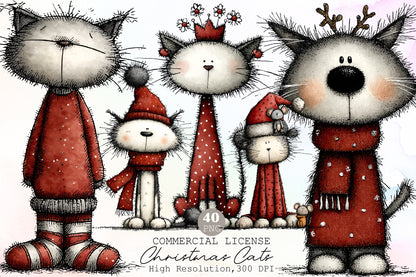 Whimsical Christmas Cats Clipart Bundle Cute Winter Cat PNG